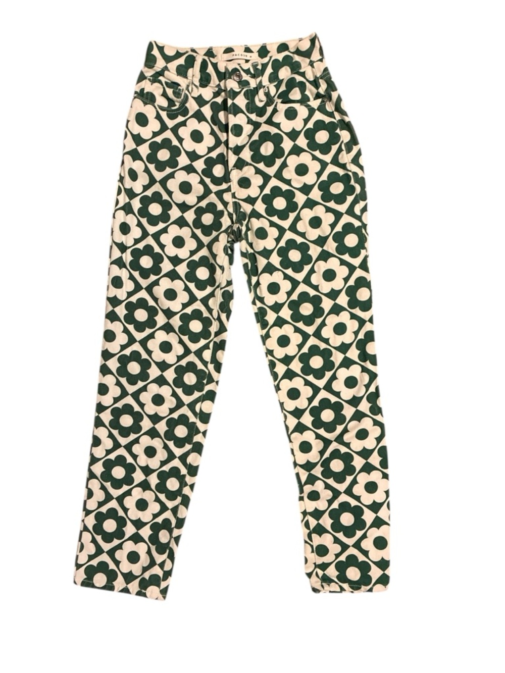 PacSun Green White Floral Checker Print Denim Jeans Size 23 Button Fly Y2K Retro